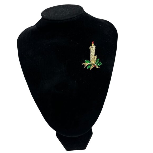 Vintage Gold Tone Candle Holly Christmas Brooch Holiday Jewelry Accessory - Picture 2 of 9